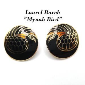 Laurel Burch "Mynah Bird" Black Clip Earrings, Gold Plated, 1980s Vintage